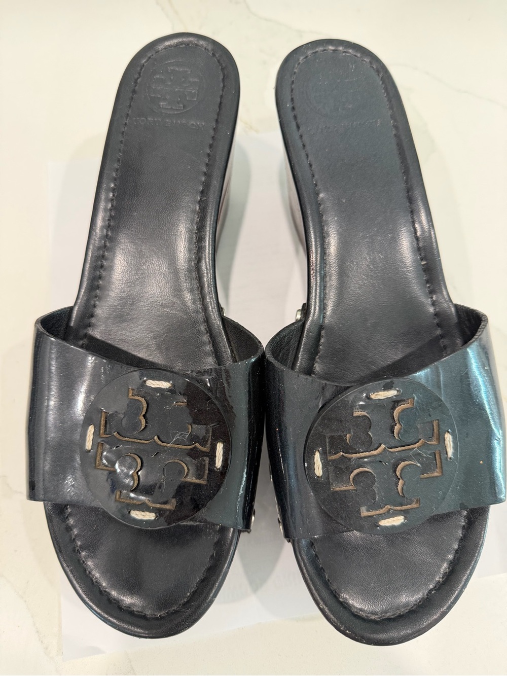 Tory Burch Platform Patti Wedge Heels Patent Leather Woodgrain Slide Sandals 9.5